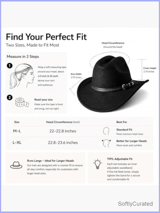 Wide Brim Cowboy Hat with 2 Detachable Bands, Felt, Adjustable